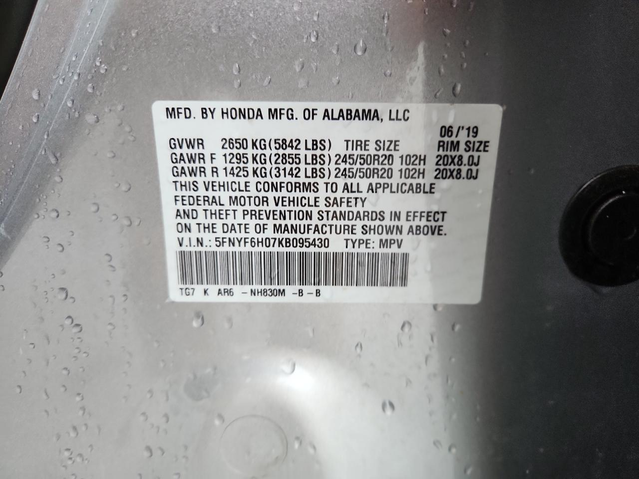 2019 Honda Pilot Elite VIN: 5FNYF6H07KB095430 Lot: 70567215