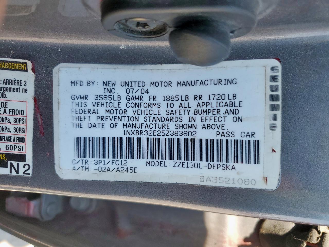 2005 Toyota Corolla Ce VIN: 1NXBR32E25Z383802 Lot: 67398085