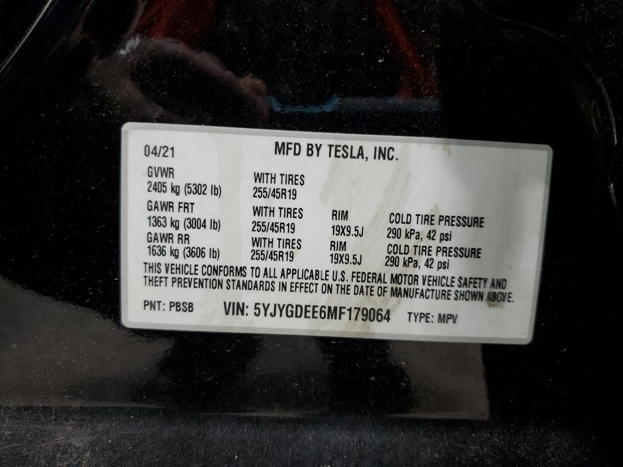 2021 Tesla Model Y VIN: 5YJYGDEE6MF179064 Lot: 67426435