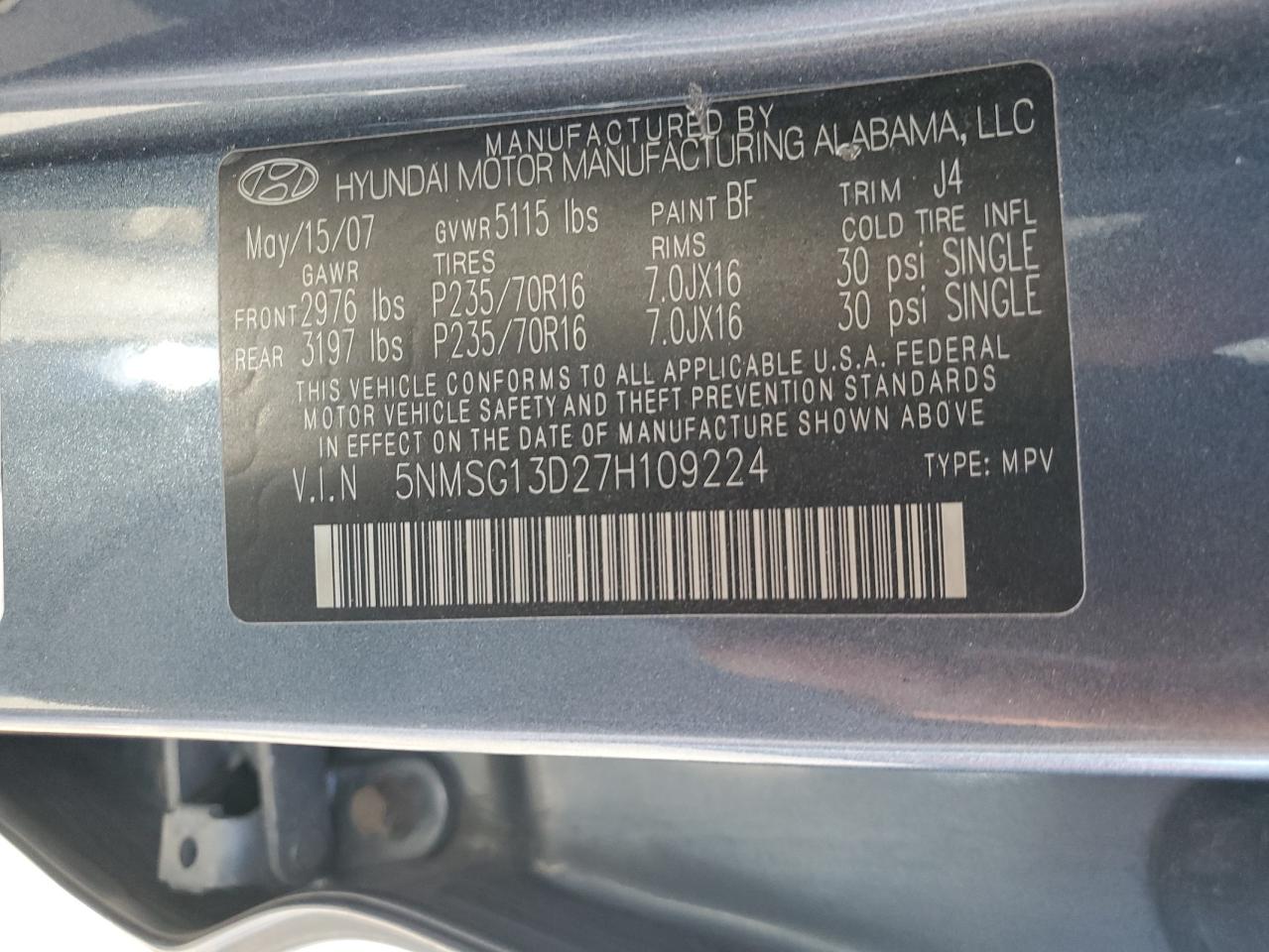 2007 Hyundai Santa Fe Gls VIN: 5NMSG13D27H109224 Lot: 68005875
