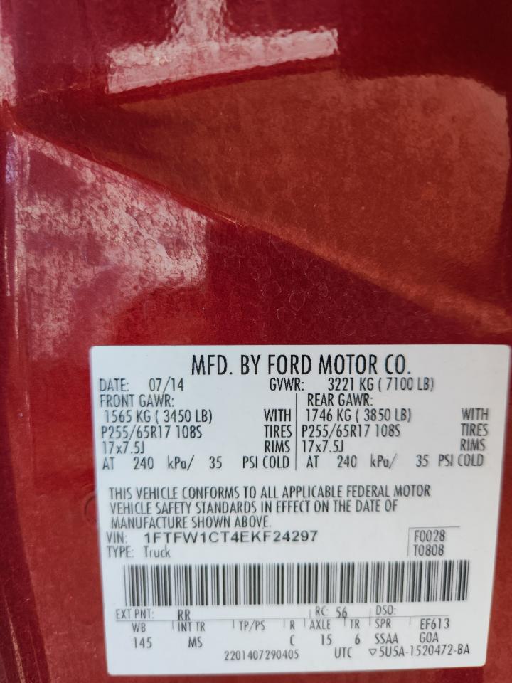 2014 Ford F150 Supercrew VIN: 1FTFW1CT4EKF24297 Lot: 68215165