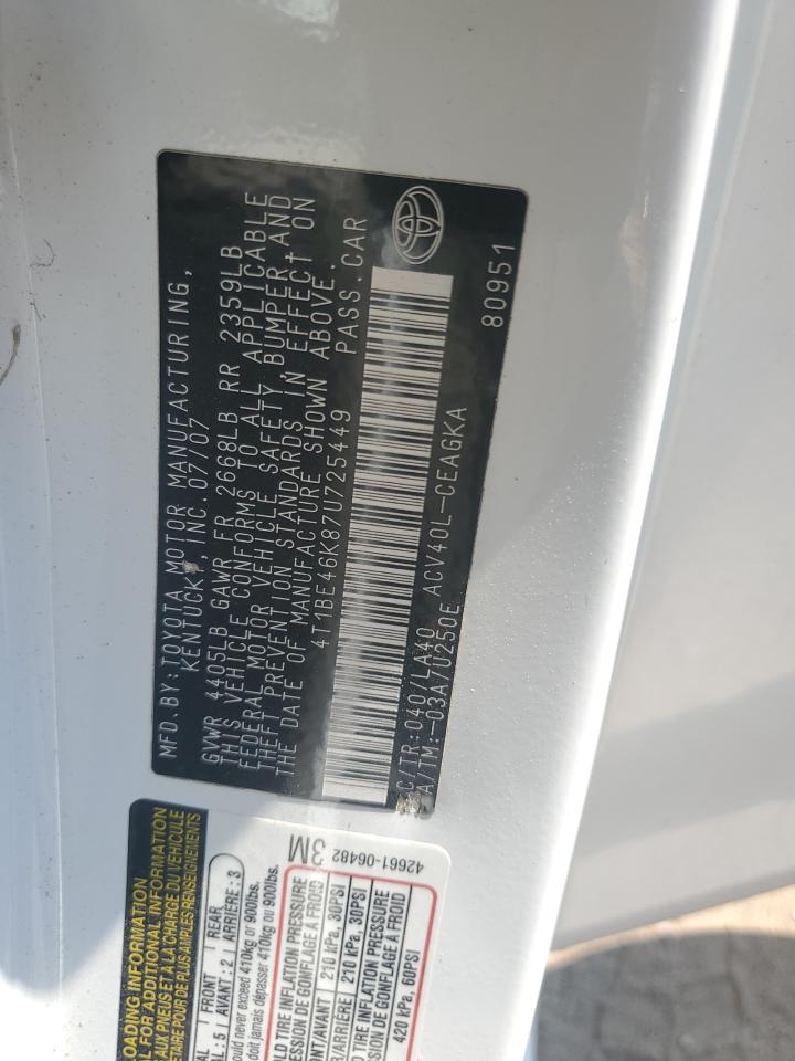 4T1BE46K87U725449 2007 Toyota Camry Ce