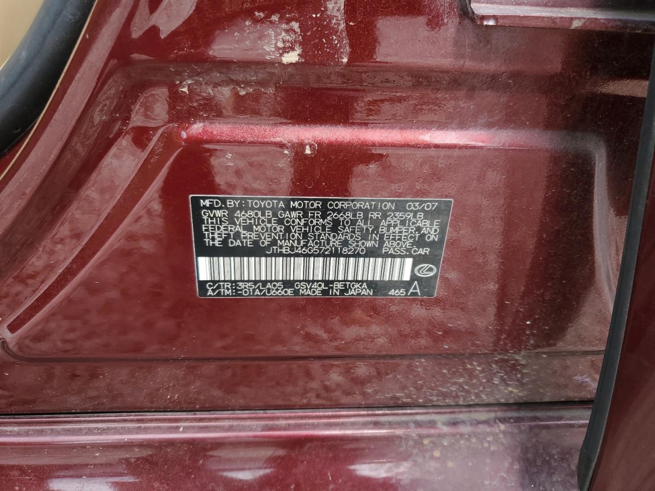 2007 Lexus Es 350 VIN: JTHBJ46G572118270 Lot: 67899685