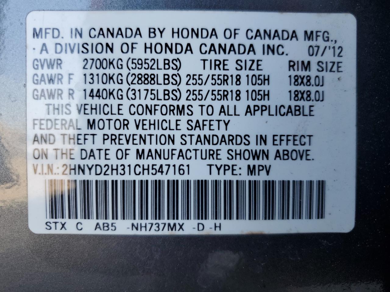 2012 Acura Mdx Technology VIN: 2HNYD2H31CH547161 Lot: 68262305