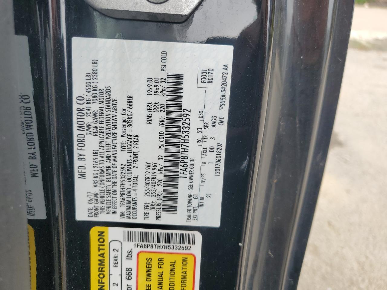 2017 Ford Mustang VIN: 1FA6P8TH7H5332592 Lot: 69362485