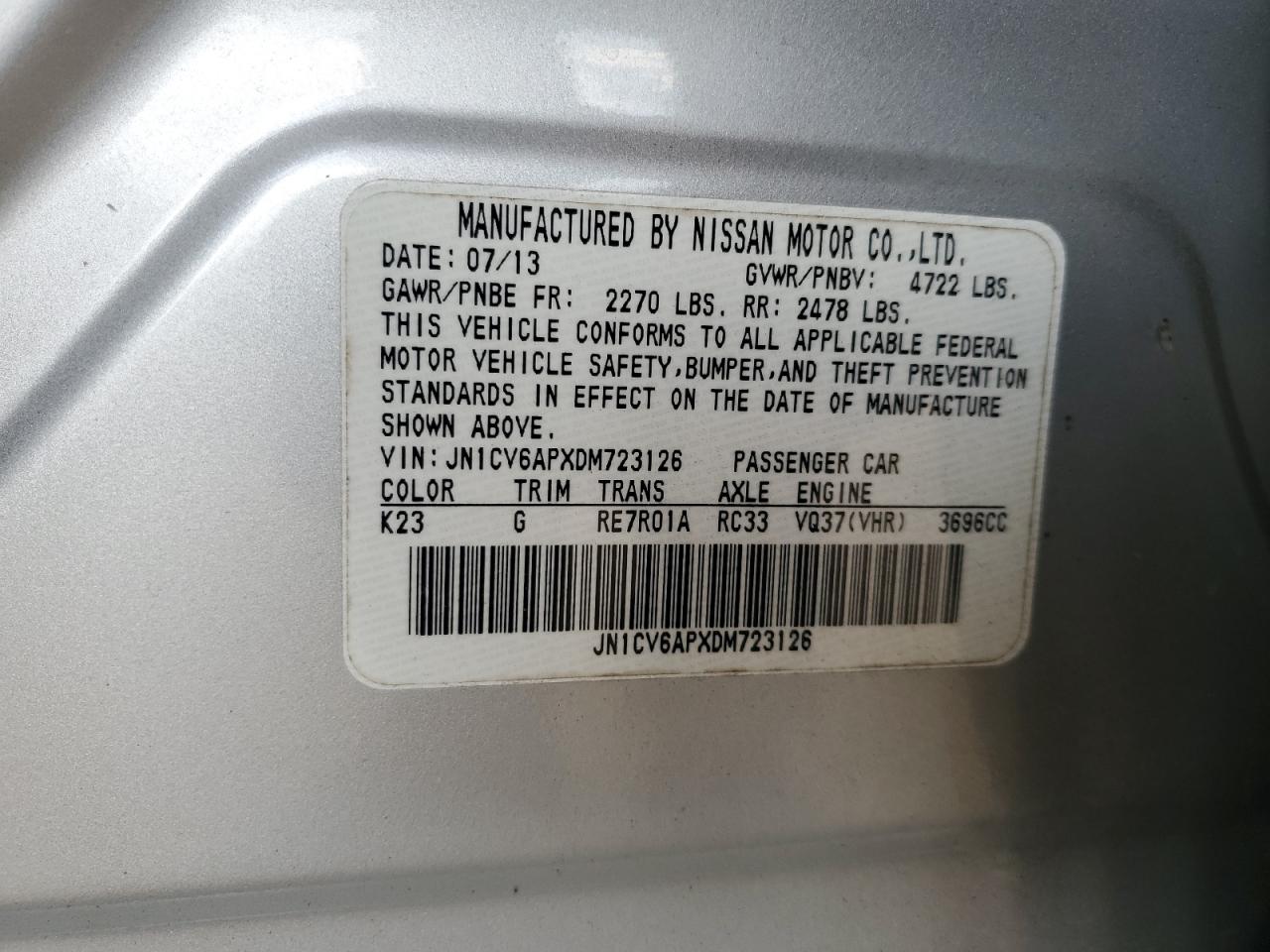 2013 Infiniti G37 Base VIN: JN1CV6APXDM723126 Lot: 68528755