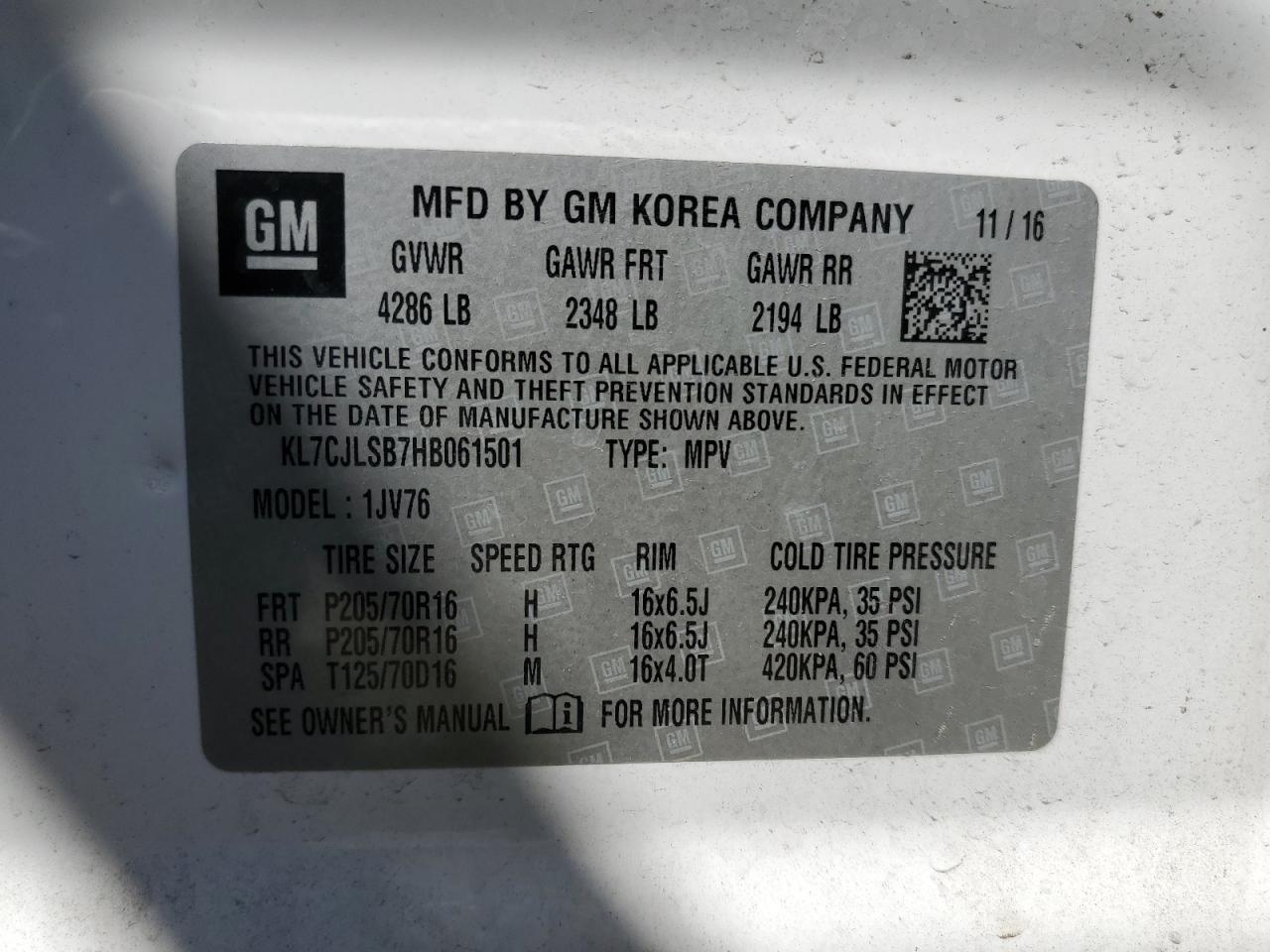 2017 Chevrolet Trax 1Lt VIN: KL7CJLSB7HB061501 Lot: 69772355