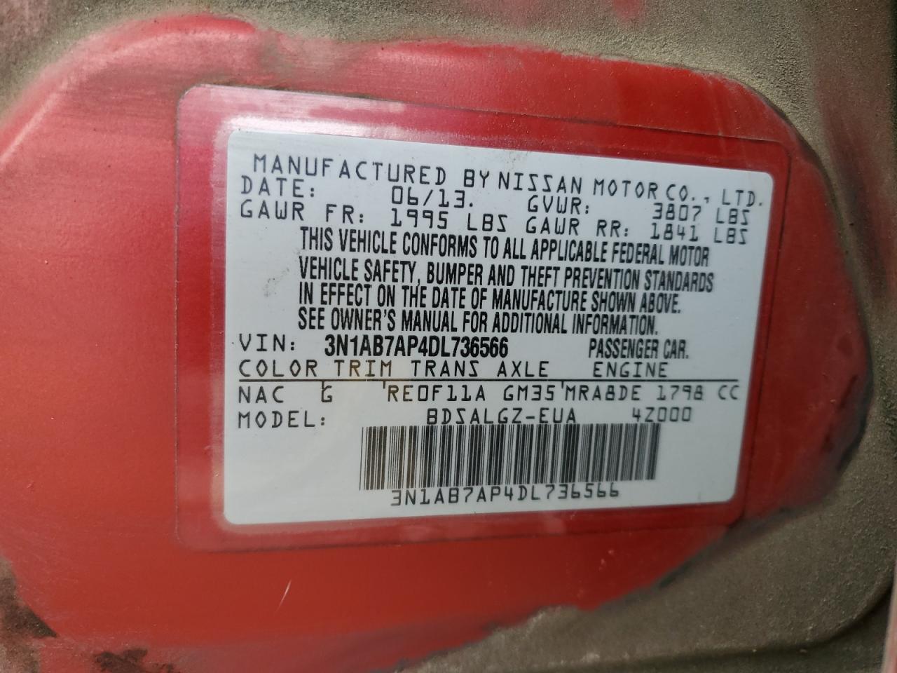 2013 Nissan Sentra S VIN: 3N1AB7AP4DL736566 Lot: 69829465