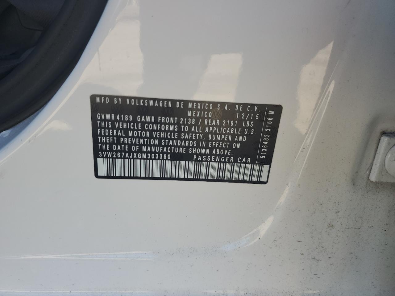 2016 Volkswagen Jetta S VIN: 3VW267AJXGM303380 Lot: 70173405