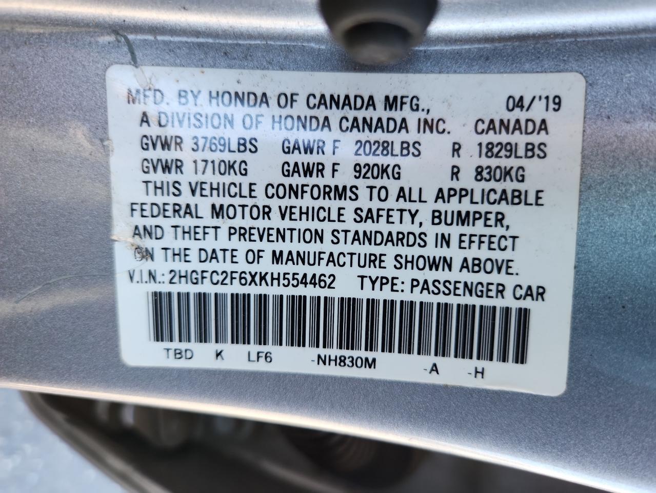 2019 Honda Civic Lx VIN: 2HGFC2F6XKH554462 Lot: 70347565