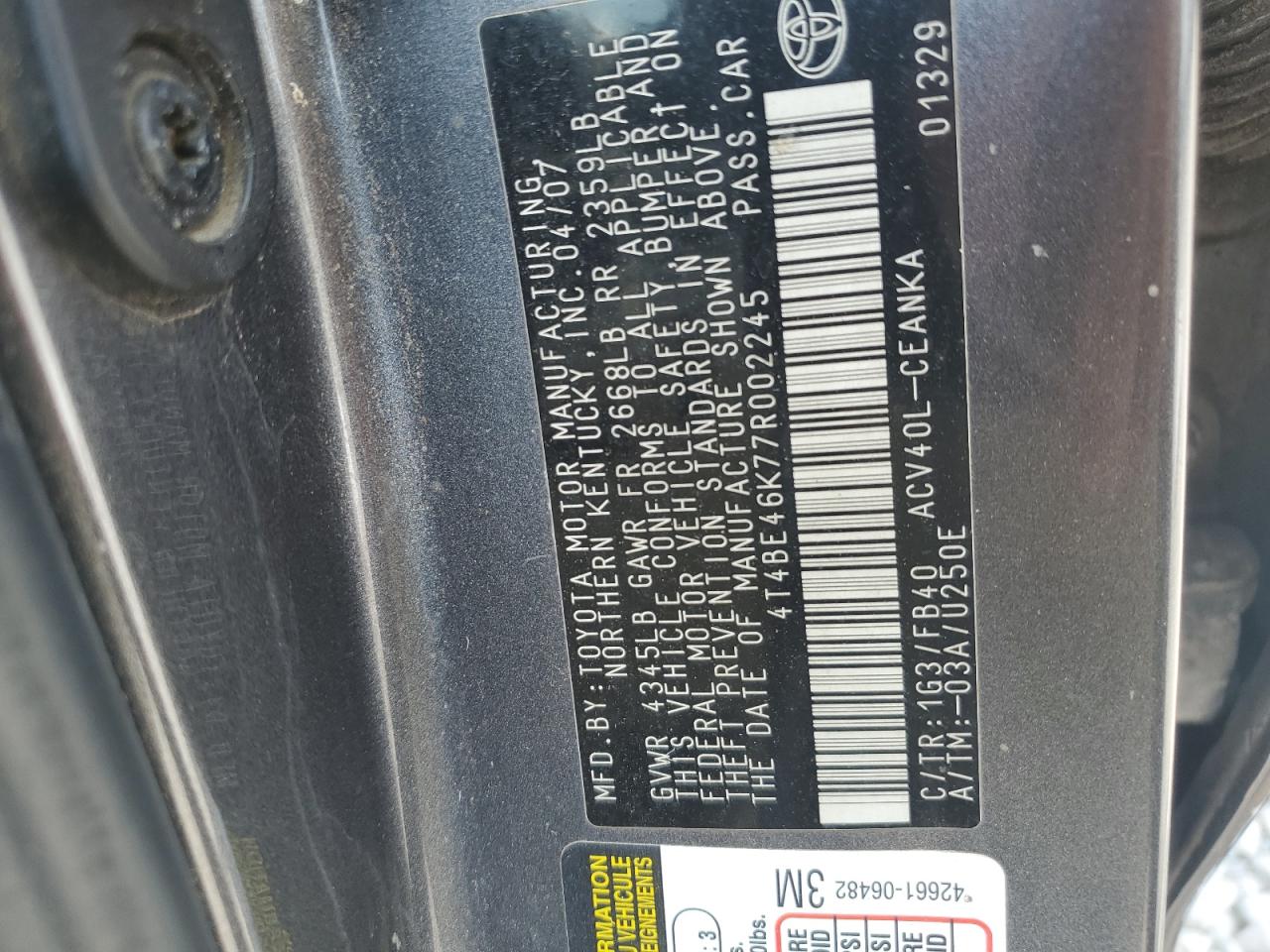 2007 Toyota Camry Ce VIN: 4T4BE46K77R002245 Lot: 67818075