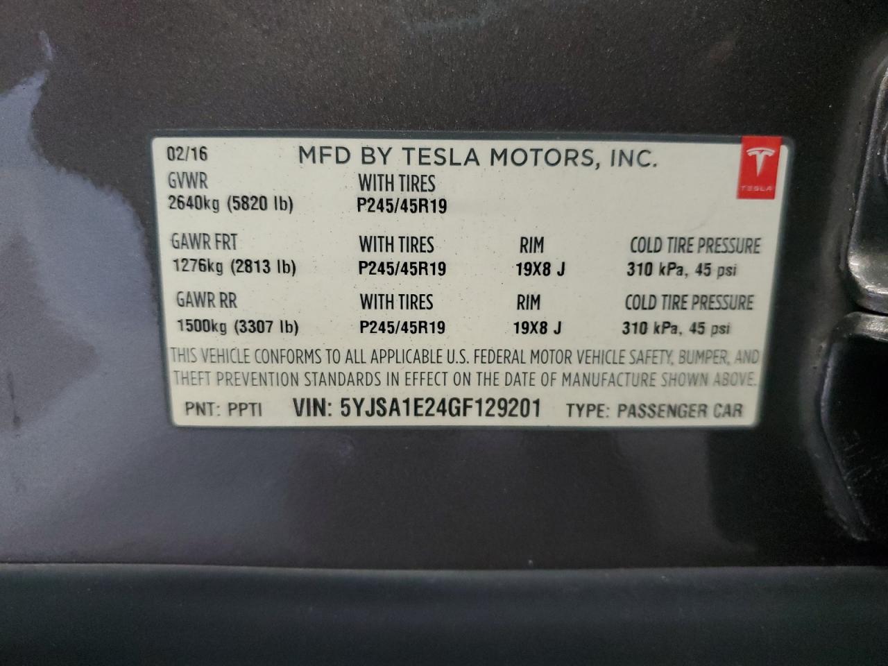 2016 Tesla Model S VIN: 5YJSA1E24GF129201 Lot: 66900695