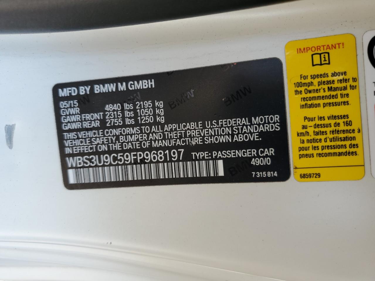 2015 BMW M4 VIN: WBS3U9C59FP968197 Lot: 68169525