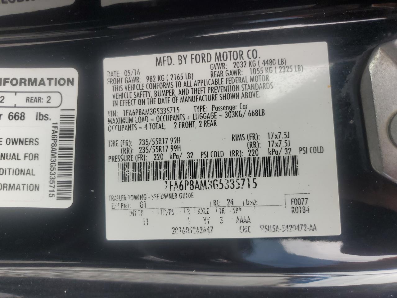 2016 Ford Mustang VIN: 1FA6P8AM3G5335715 Lot: 70445365