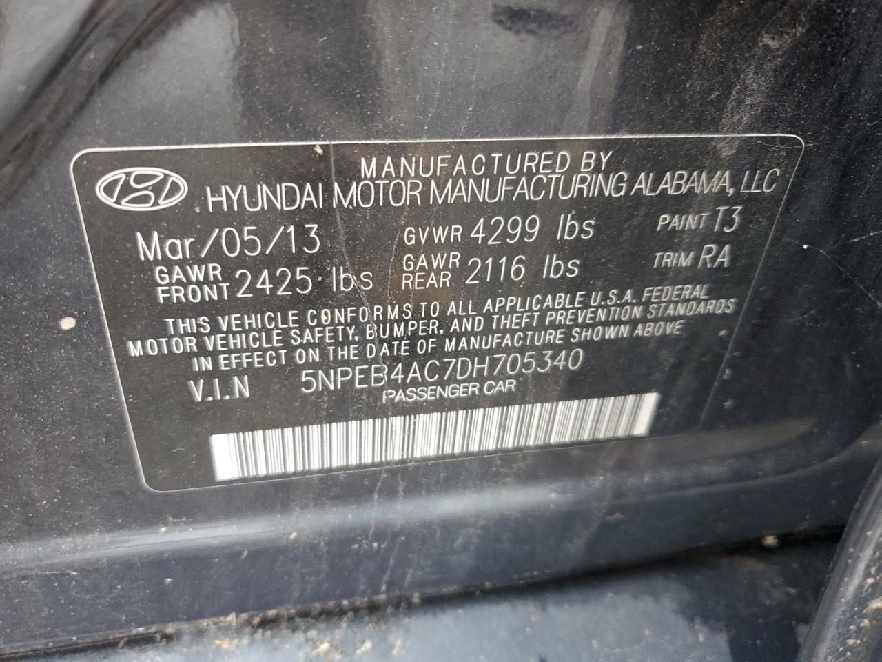 2013 Hyundai Sonata Gls VIN: 5NPEB4AC7DH705340 Lot: 69077185