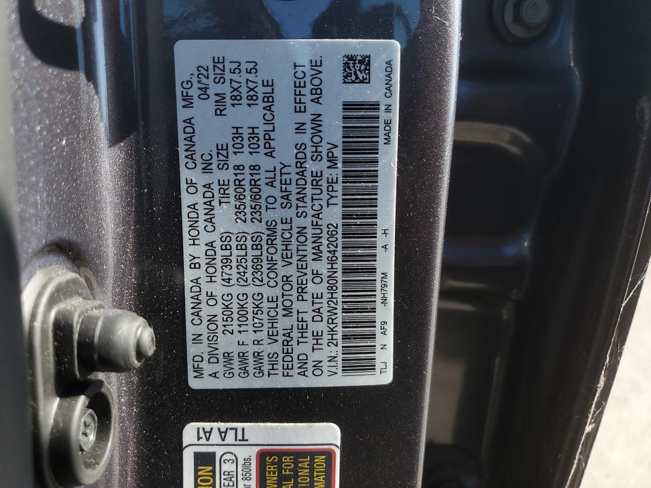 2022 Honda Cr-V Exl VIN: 2HKRW2H80NH642062 Lot: 69861835