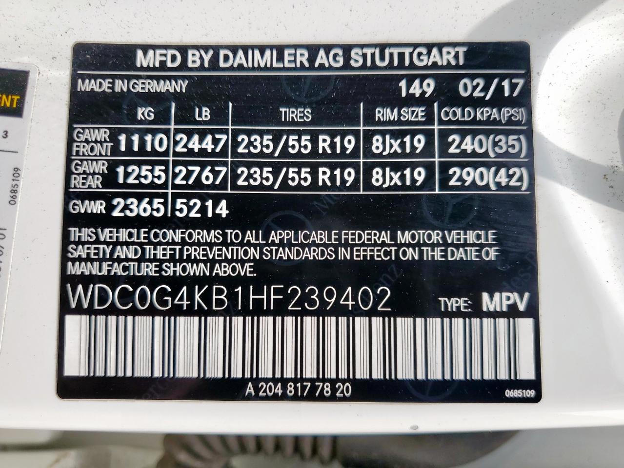 2017 Mercedes-Benz Glc 300 4Matic VIN: WDC0G4KB1HF239402 Lot: 69671795