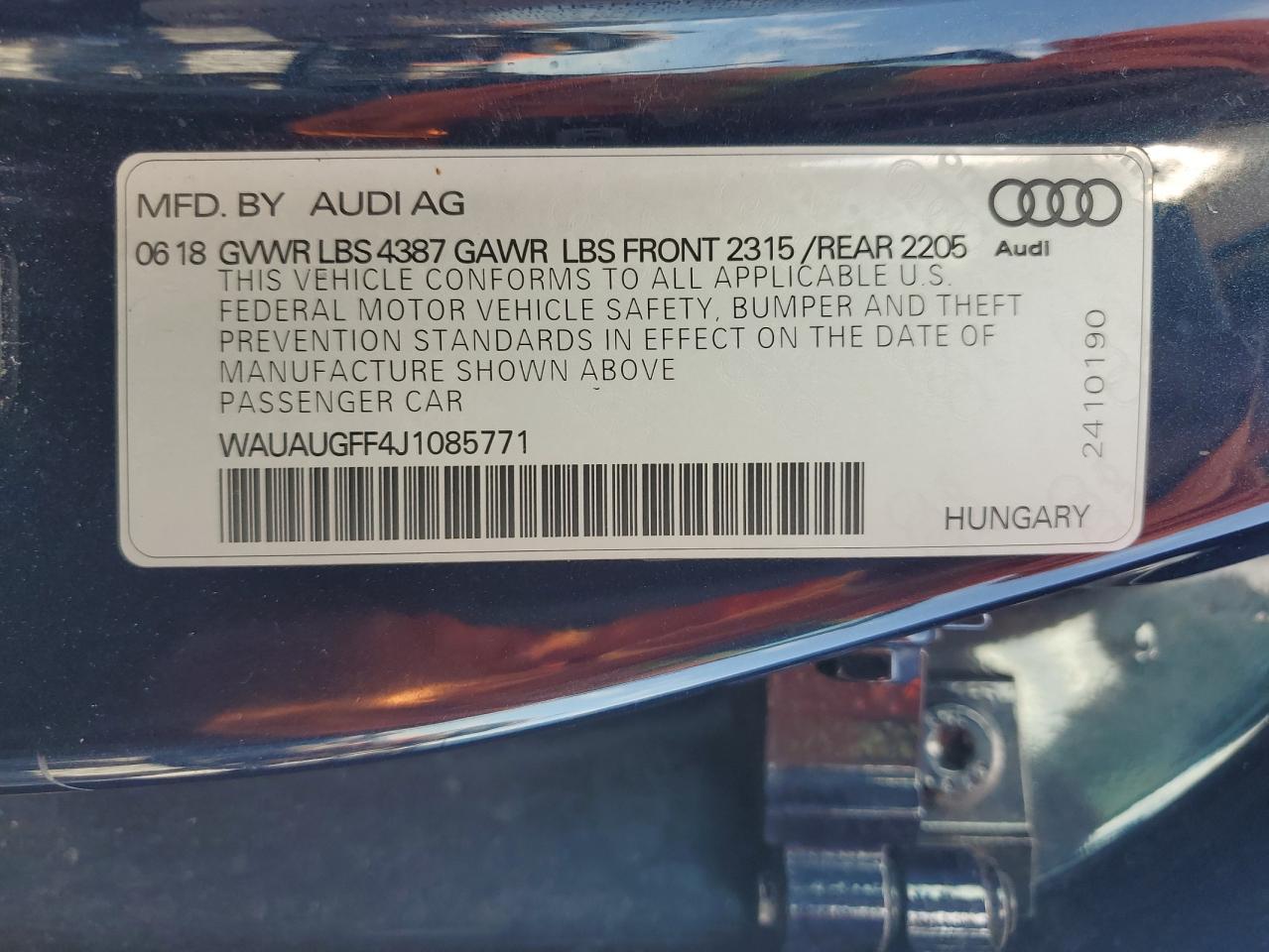 2018 Audi A3 Premium VIN: WAUAUGFF4J1085771 Lot: 67750835