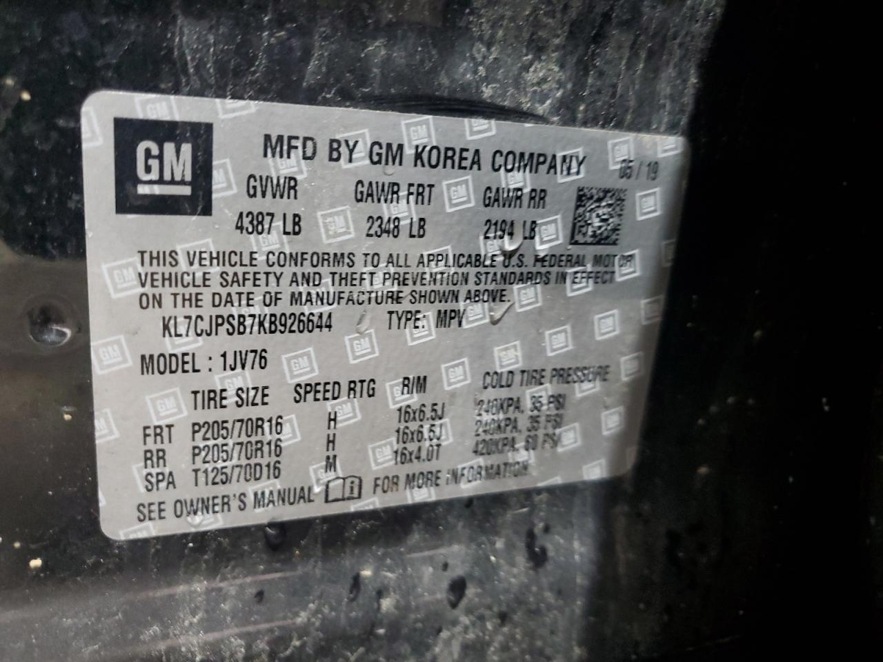 2019 Chevrolet Trax 1Lt VIN: KL7CJPSB7KB926644 Lot: 70204575