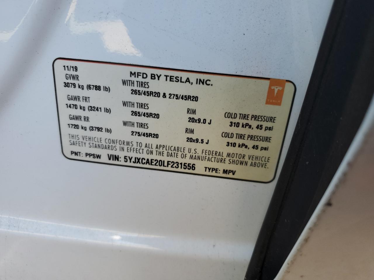 2020 Tesla Model X VIN: 5YJXCAE20LF231556 Lot: 67384045