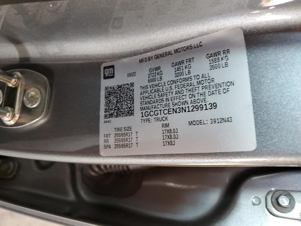 2022 Chevrolet Colorado Lt VIN: 1GCGTCEN3N1299139 Lot: 68026825