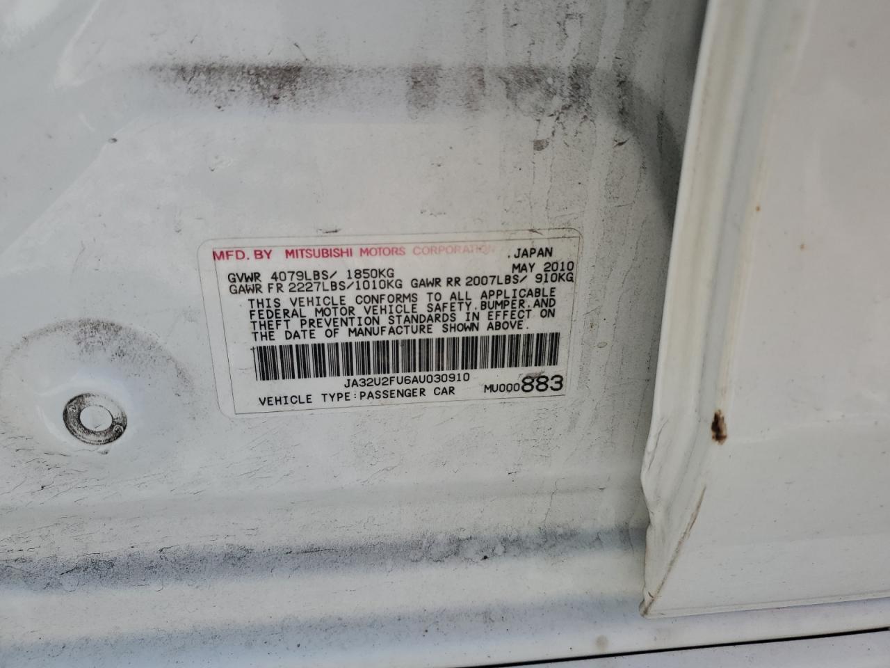 2010 Mitsubishi Lancer Es/Es Sport VIN: JA32U2FU6AU030910 Lot: 67143205