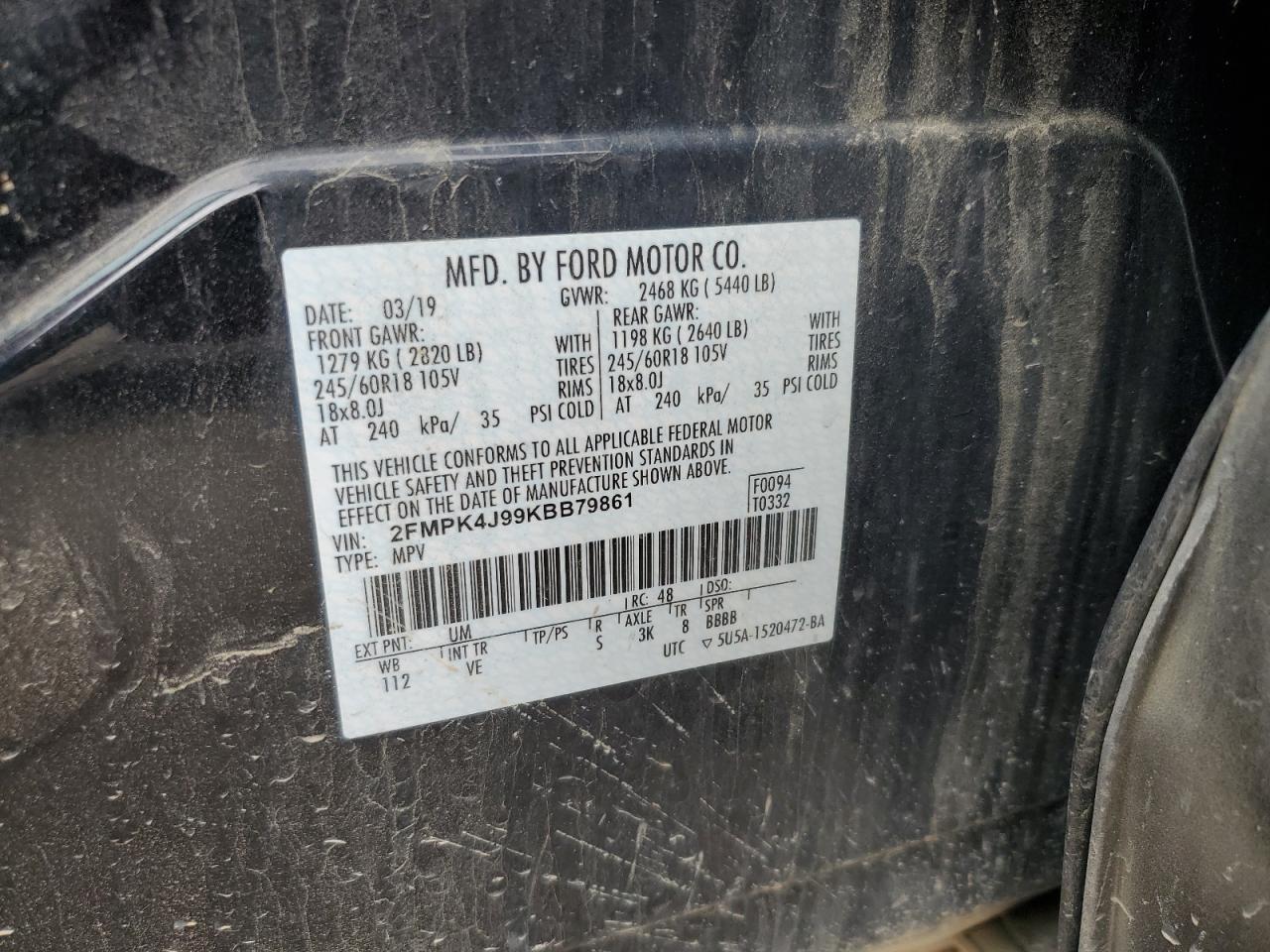 2019 Ford Edge Sel VIN: 2FMPK4J99KBB79861 Lot: 70535605