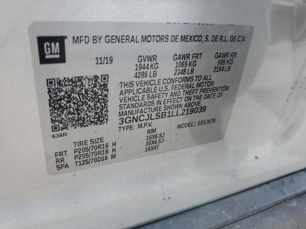 2020 Chevrolet Trax 1Lt VIN: 3GNCJLSB1LL219039 Lot: 69180705