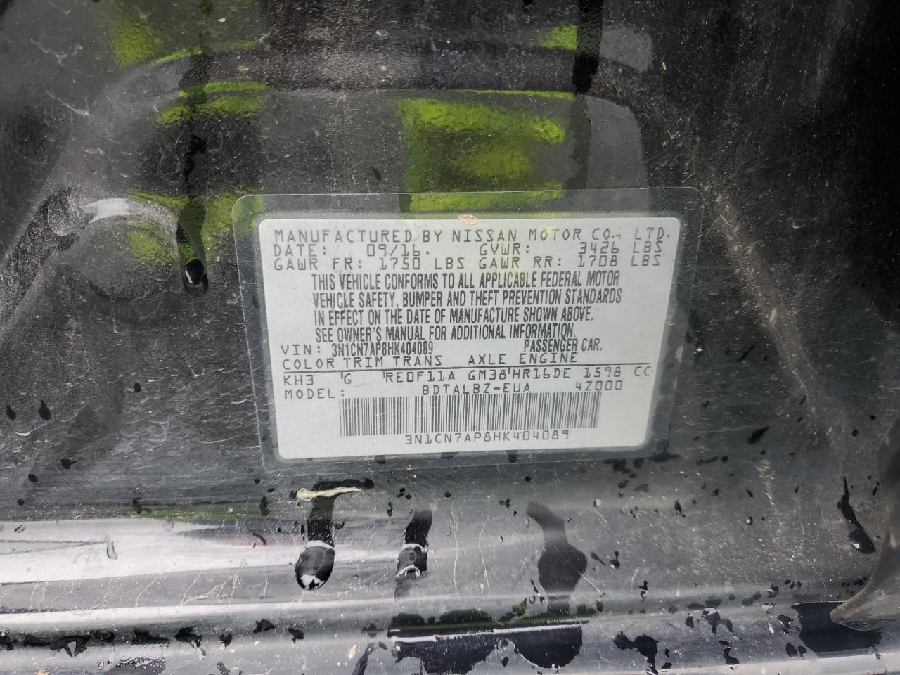 2017 Nissan Versa S VIN: 3N1CN7AP8HK404089 Lot: 67753765