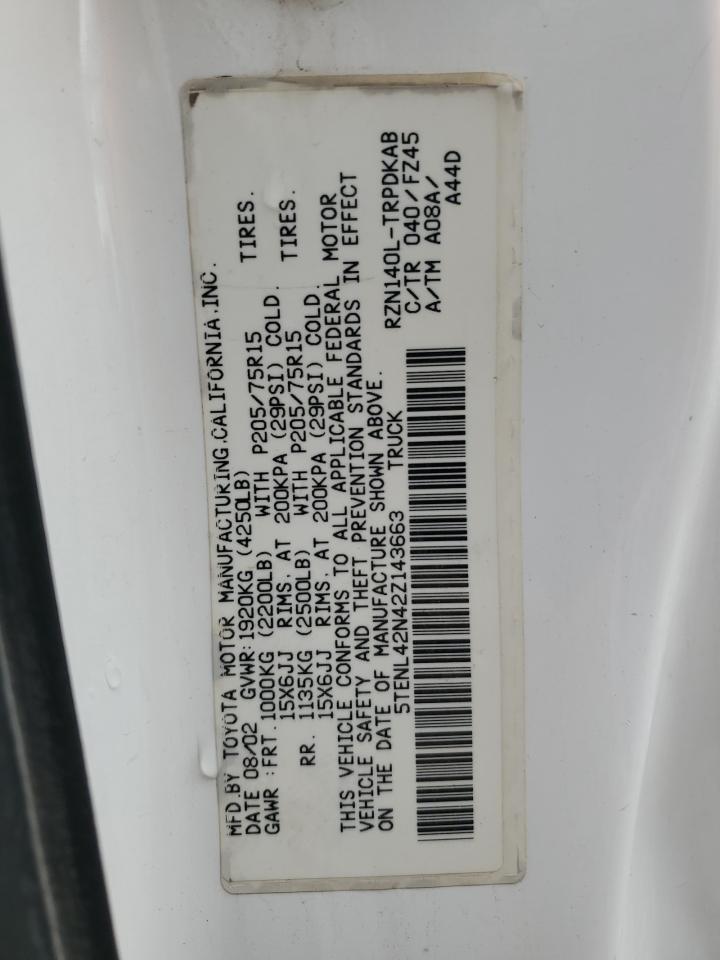 2002 Toyota Tacoma VIN: 5TENL42N42Z143663 Lot: 70386675