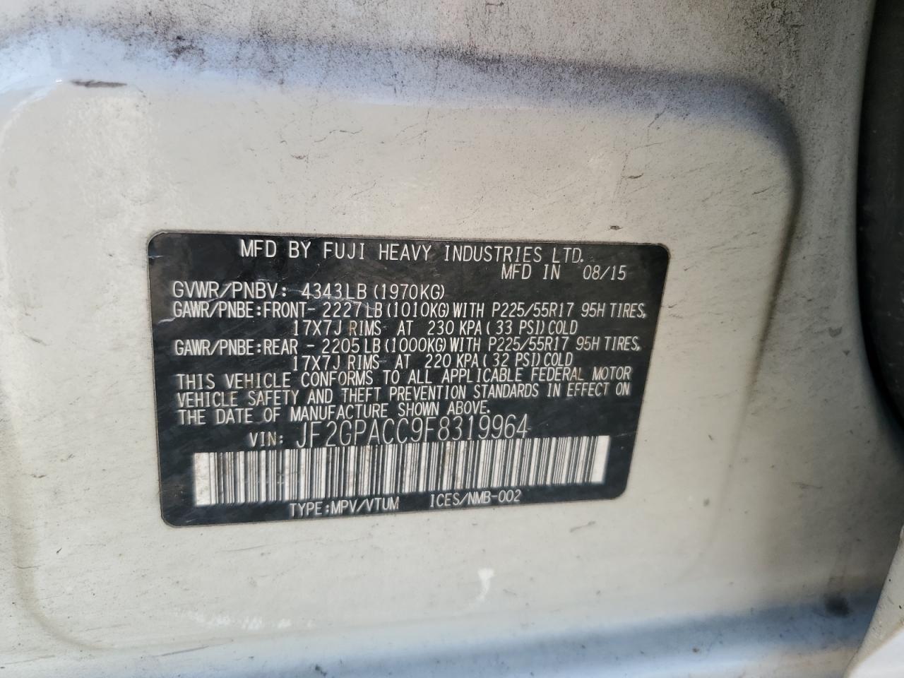 2015 Subaru Xv Crosstrek 2.0 Premium VIN: JF2GPACC9F8319964 Lot: 69880055