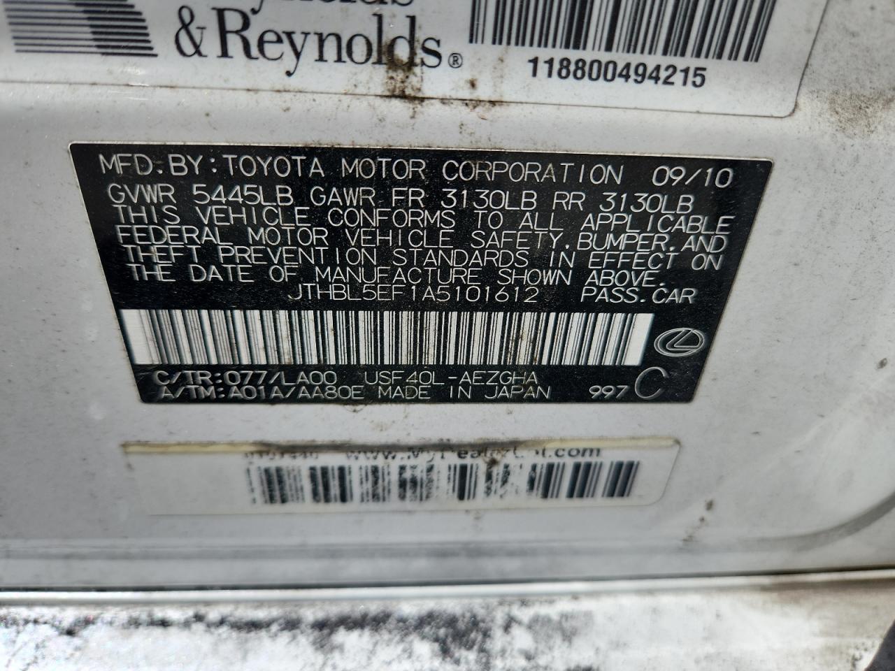 2010 Lexus Ls 460 VIN: JTHBL5EF1A5101612 Lot: 70595425