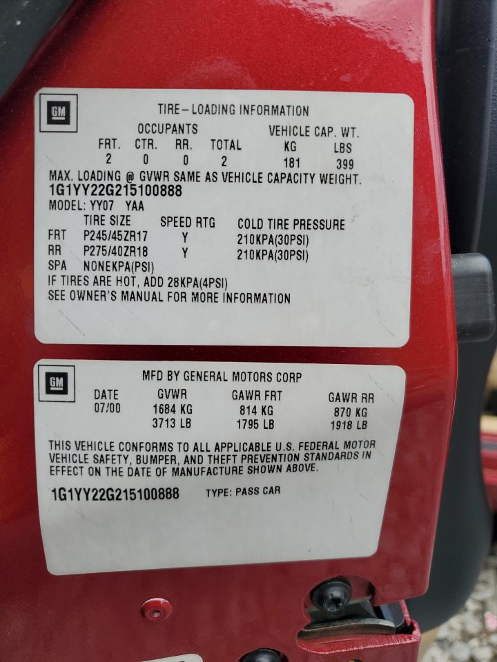 2001 Chevrolet Corvette VIN: 1G1YY22G215100888 Lot: 68128325