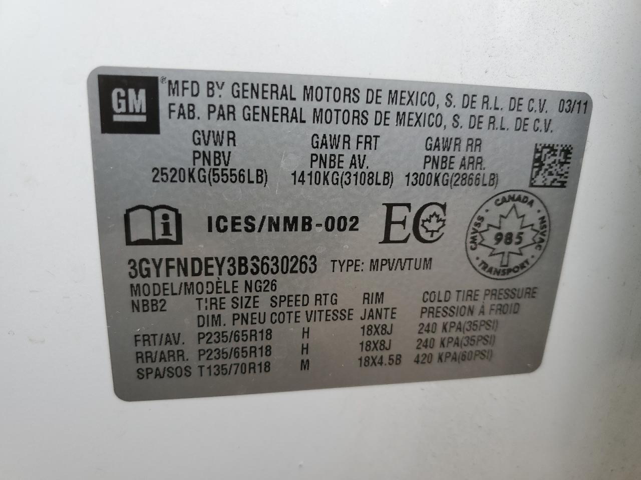 2011 Cadillac Srx Luxury Collection VIN: 3GYFNDEY3BS630263 Lot: 70214955