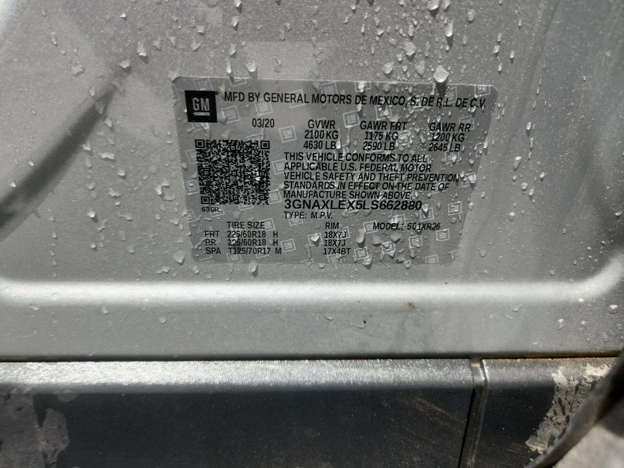 2020 Chevrolet Equinox Lt VIN: 3GNAXLEX5LS662880 Lot: 70281995