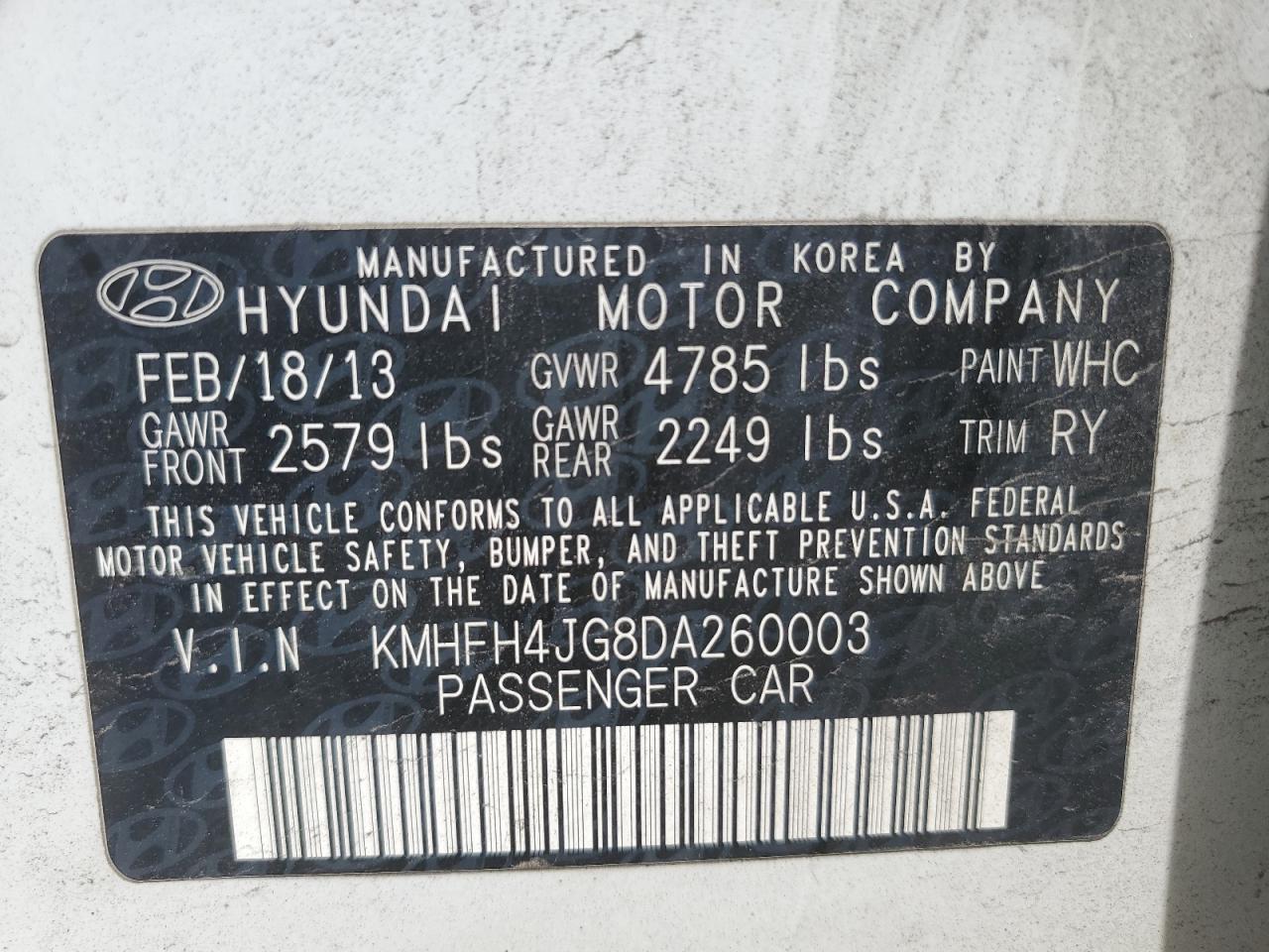 2013 Hyundai Azera Gls VIN: KMHFH4JG8DA260003 Lot: 70579965