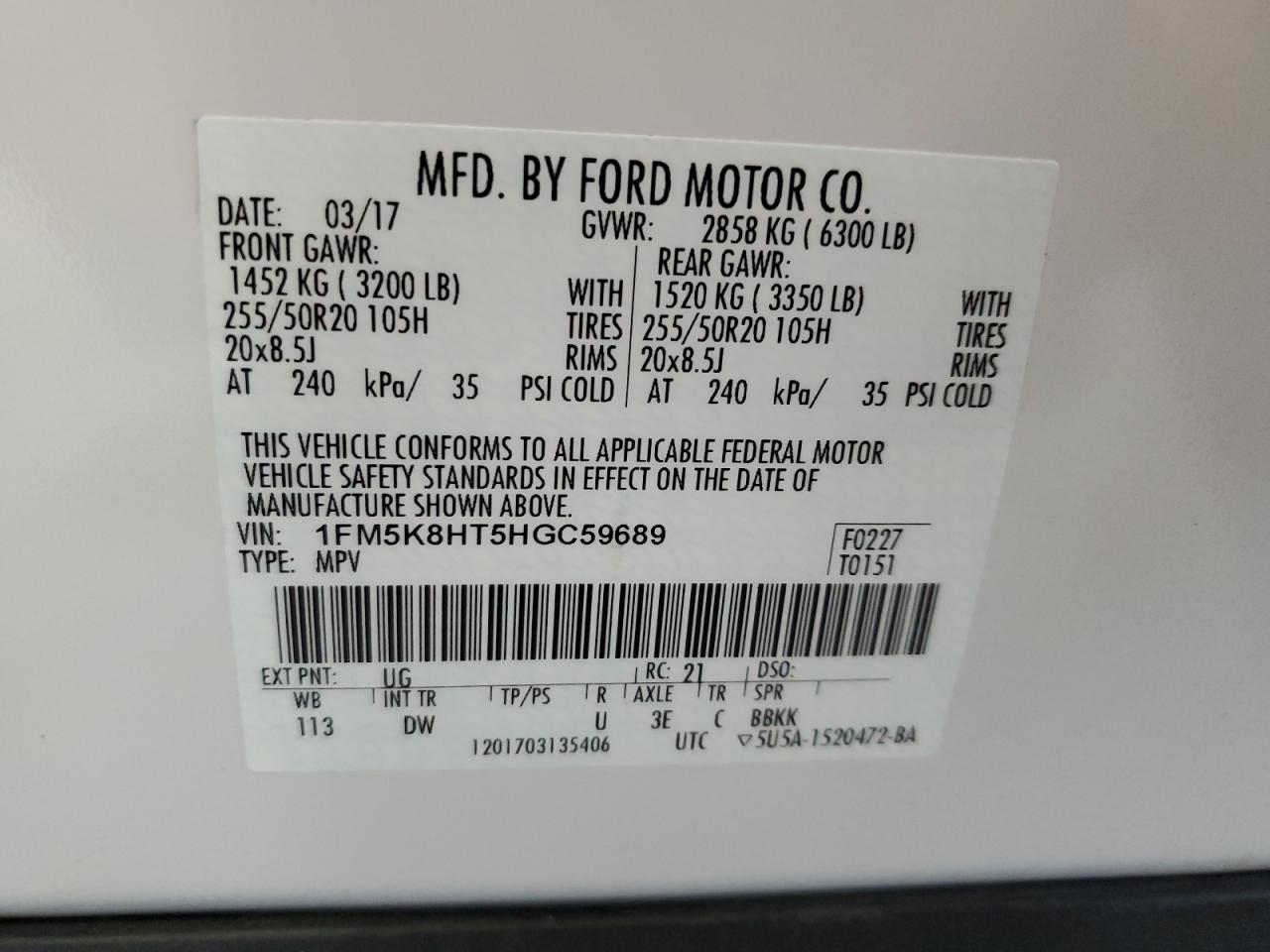 2017 Ford Explorer Platinum VIN: 1FM5K8HT5HGC59689 Lot: 67543385