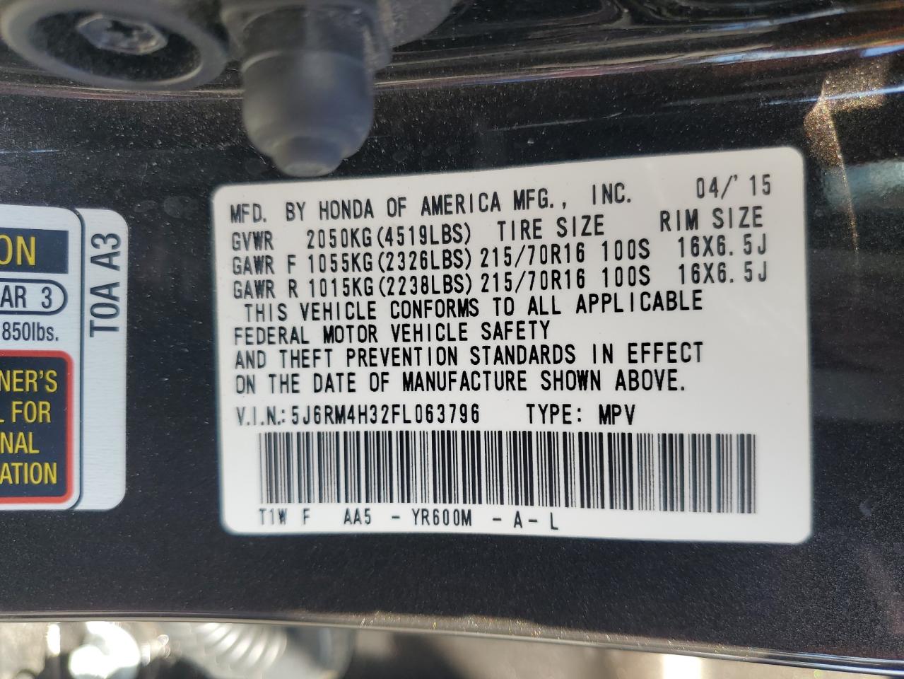 2015 Honda Cr-V Lx VIN: 5J6RM4H32FL063796 Lot: 70082845