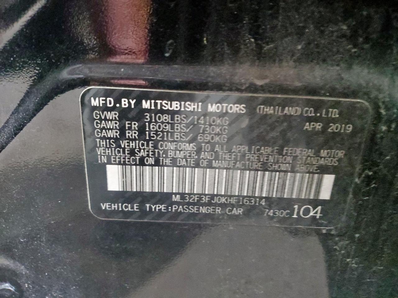 2019 Mitsubishi Mirage G4 Es VIN: ML32F3FJ0KHF16314 Lot: 69283505