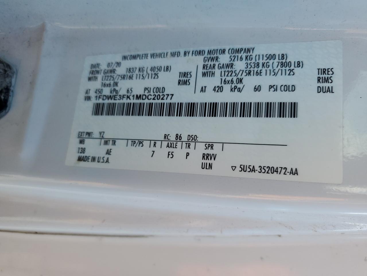 2021 Ford Econoline E350 Super Duty Cutaway Van VIN: 1FDWE3FK1MDC20277 Lot: 64555625