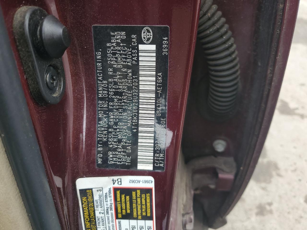 2009 Toyota Avalon Xl VIN: 4T1BK36B29U327031 Lot: 70009095