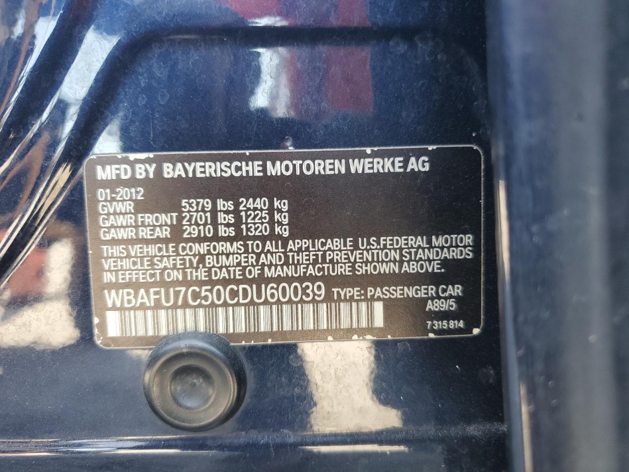 2012 BMW 535 Xi VIN: WBAFU7C50CDU60039 Lot: 68113785