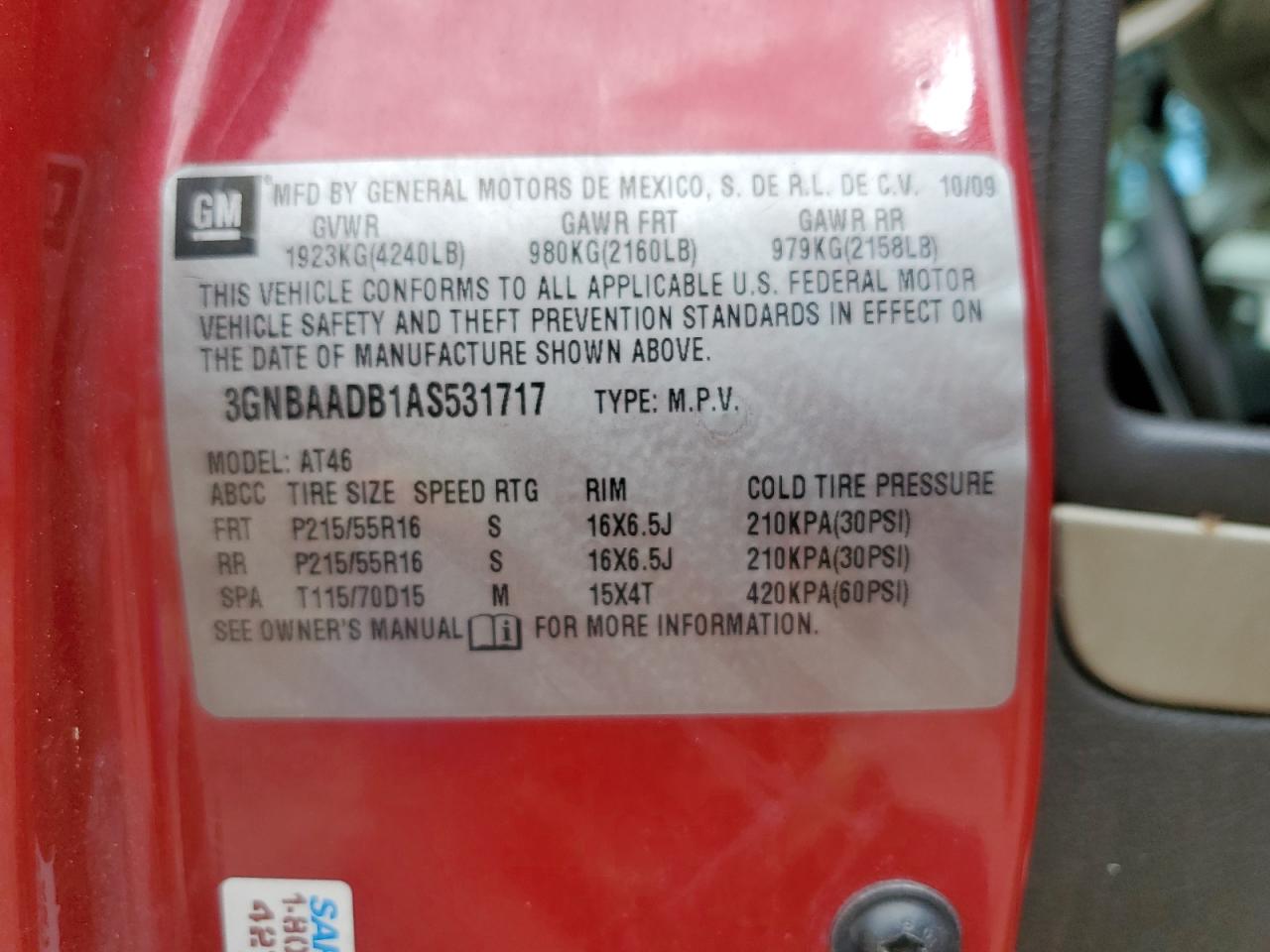 2010 Chevrolet Hhr Ls VIN: 3GNBAADB1AS531717 Lot: 70256445