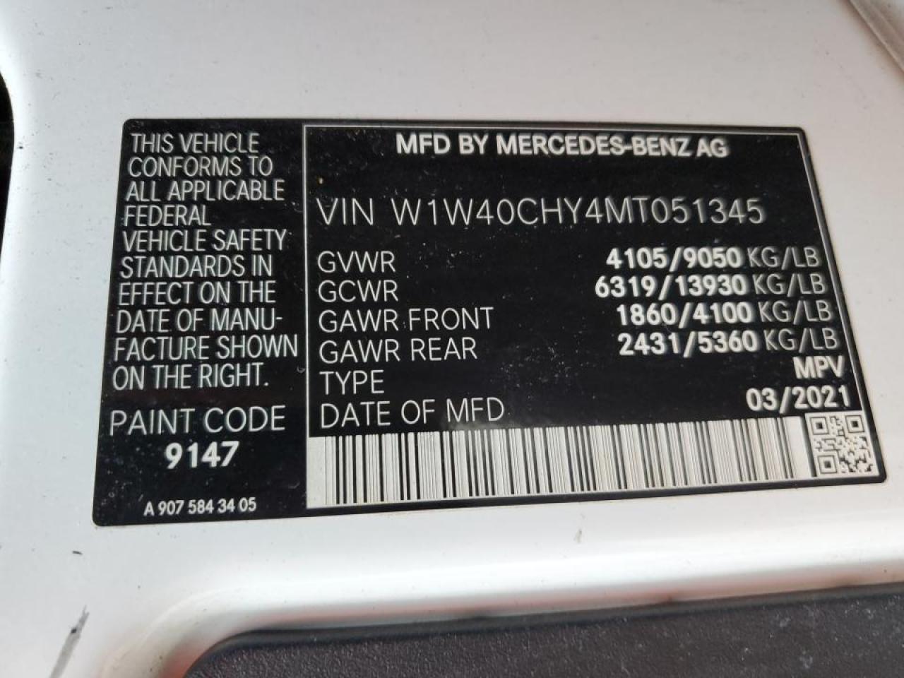 2021 Mercedes-Benz Sprinter 2500 VIN: W1W40CHY4MT051345 Lot: 66805815