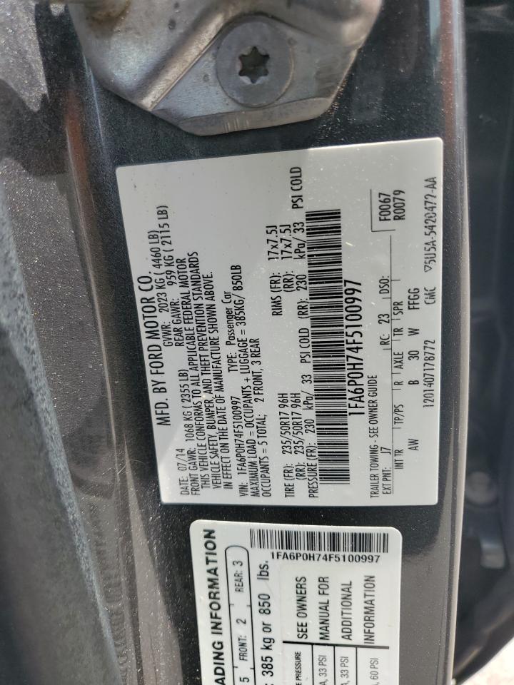 2015 Ford Fusion Se VIN: 1FA6P0H74F5100997 Lot: 68050705