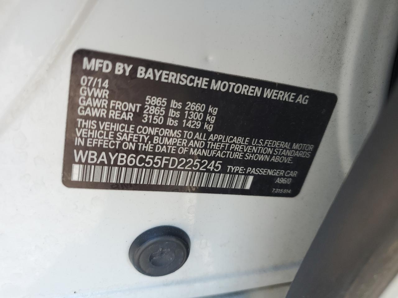 2015 BMW 750 Xi VIN: WBAYB6C55FD225245 Lot: 69521095