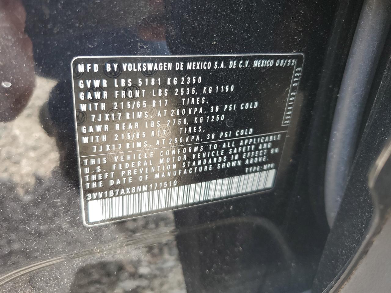 2022 Volkswagen Tiguan S VIN: 3VV1B7AX8NM171510 Lot: 69777065