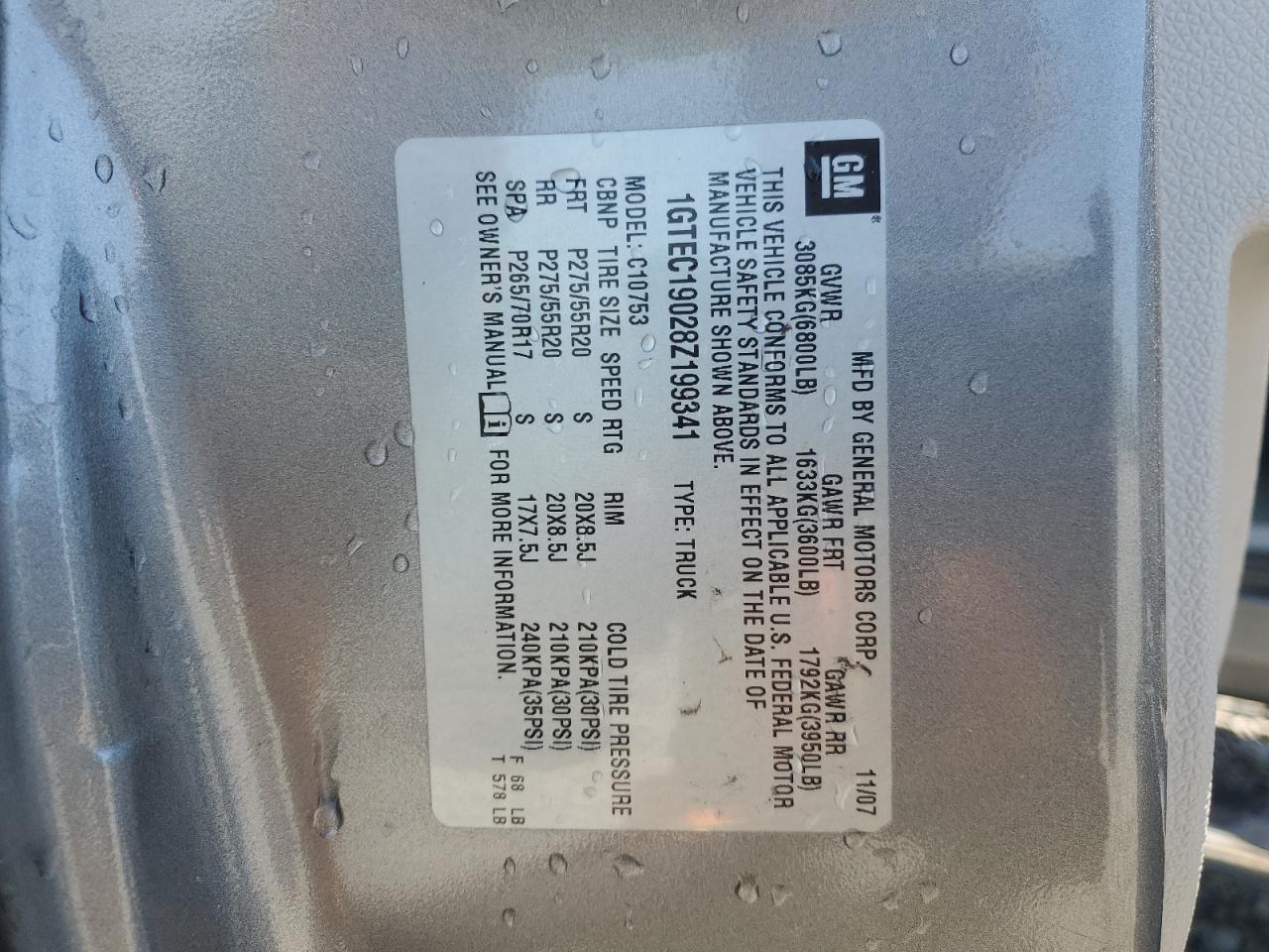 2008 GMC Sierra C1500 VIN: 1GTEC19028Z199341 Lot: 70141505