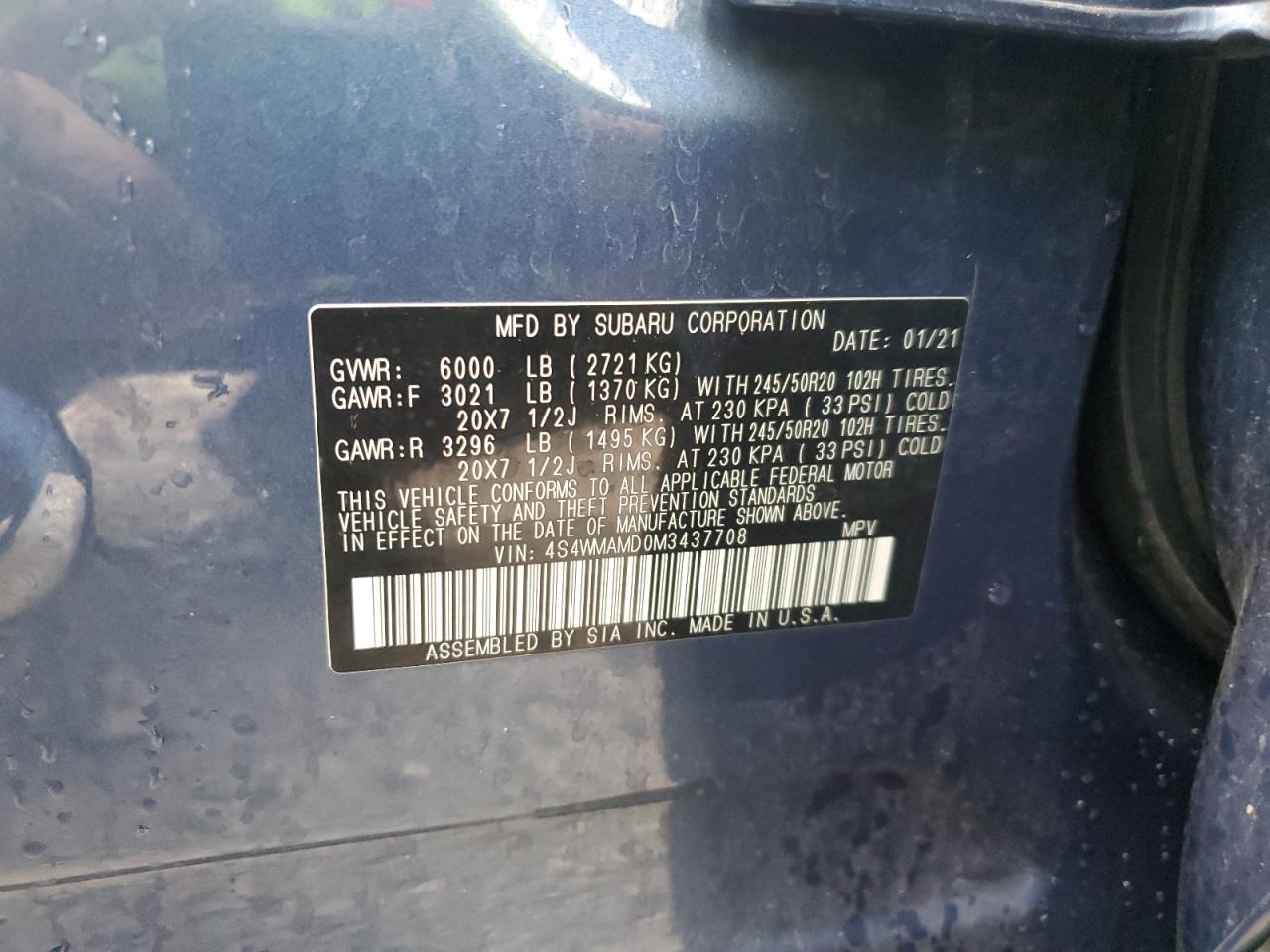 2021 Subaru Ascent Limited VIN: 4S4WMAMD0M3437708 Lot: 70581175