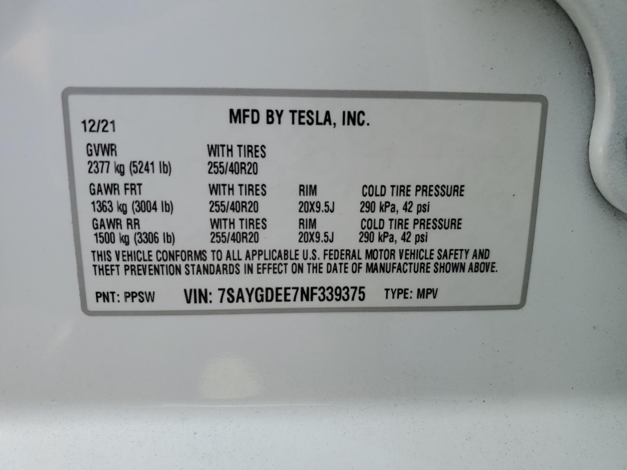 2022 Tesla Model Y VIN: 7SAYGDEE7NF339375 Lot: 68460875